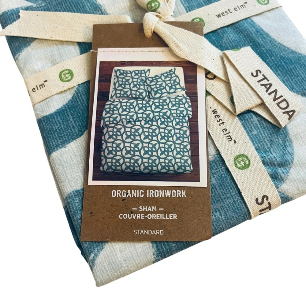 West Elm Organic Ironwork Standard Pillow Sham Organic Cotton Blue NWT